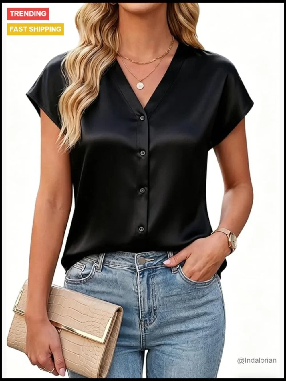 V-Neck Satin Button Down Shirt - Cap Sleeve Blouse for Business Casual